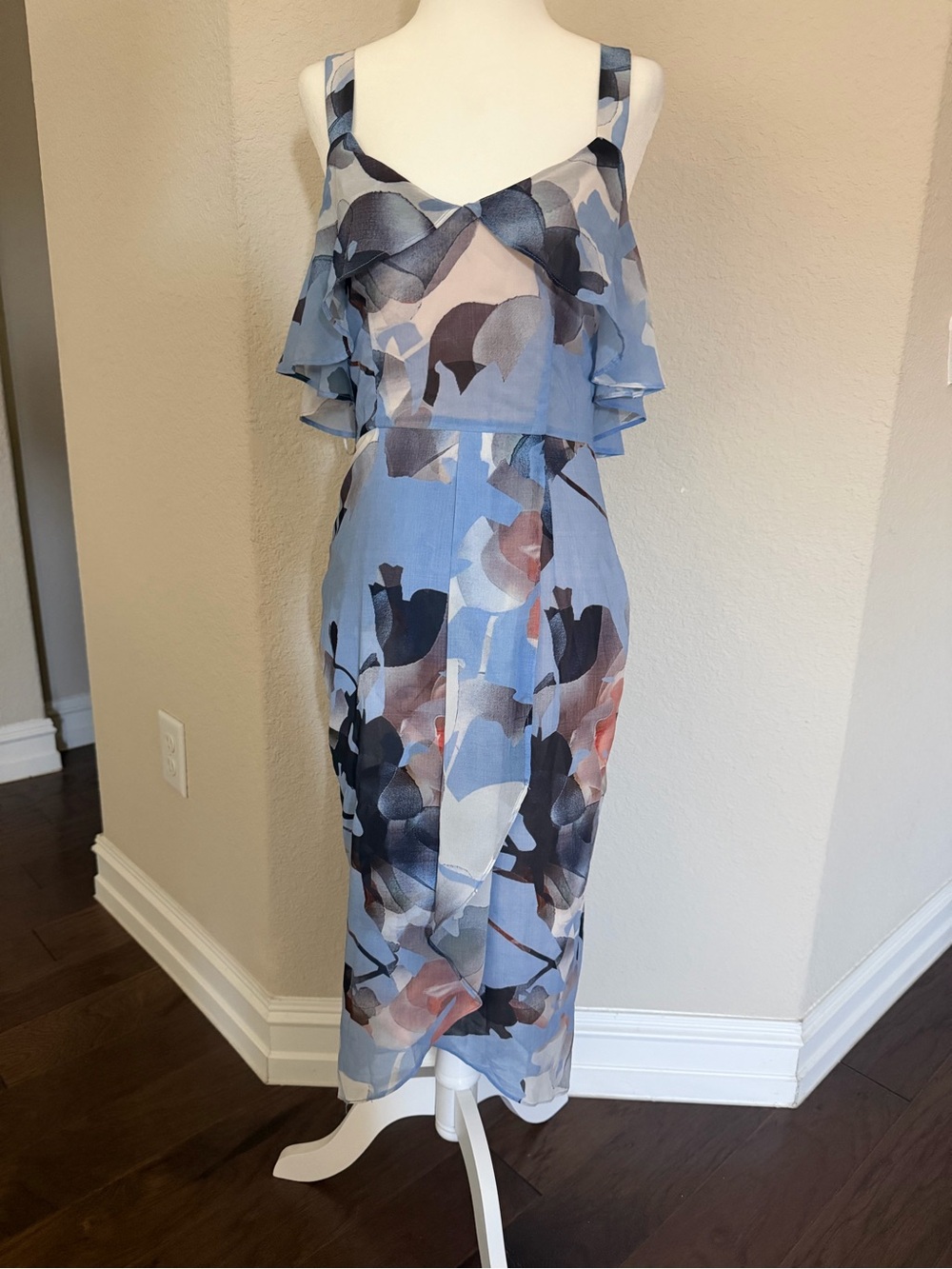 Blue Floral Ruffle Midi Dress with Adjustable Straps